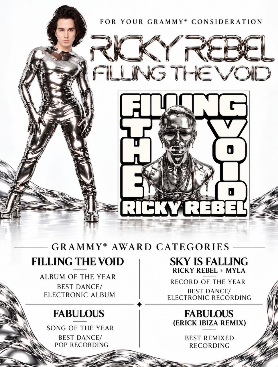 For Your GRAMMY Consideration campaign artwork: Ricky Rebel in a chrome bodysuit beside the Filling The Void album cover, above the four submitted GRAMMY Award categories.