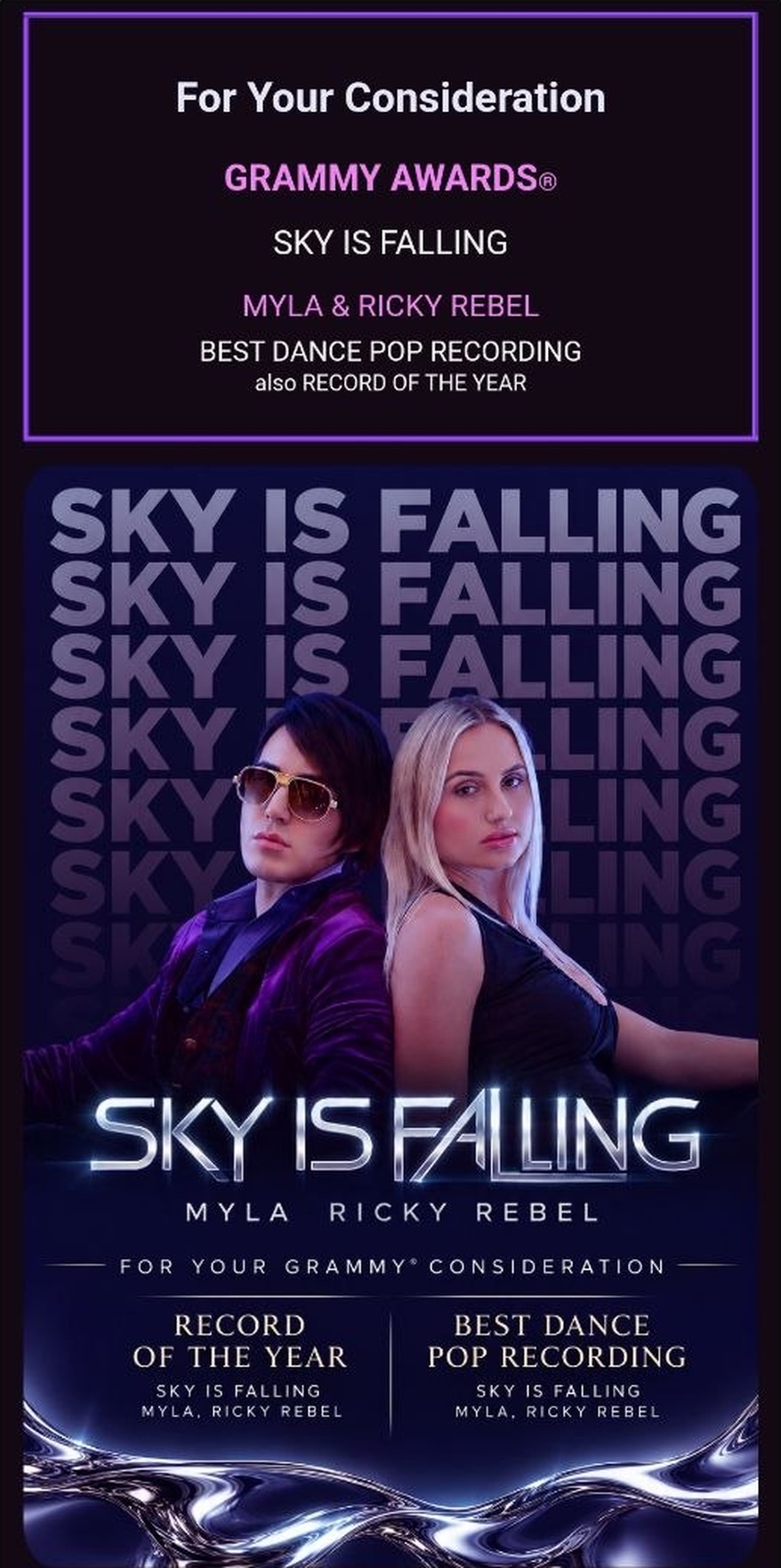 For Your Consideration campaign artwork: Ricky Rebel and MYLA back to back under the Sky Is Falling wordmark, above the two submitted GRAMMY Award categories — Record of the Year and Best Dance Pop Recording.